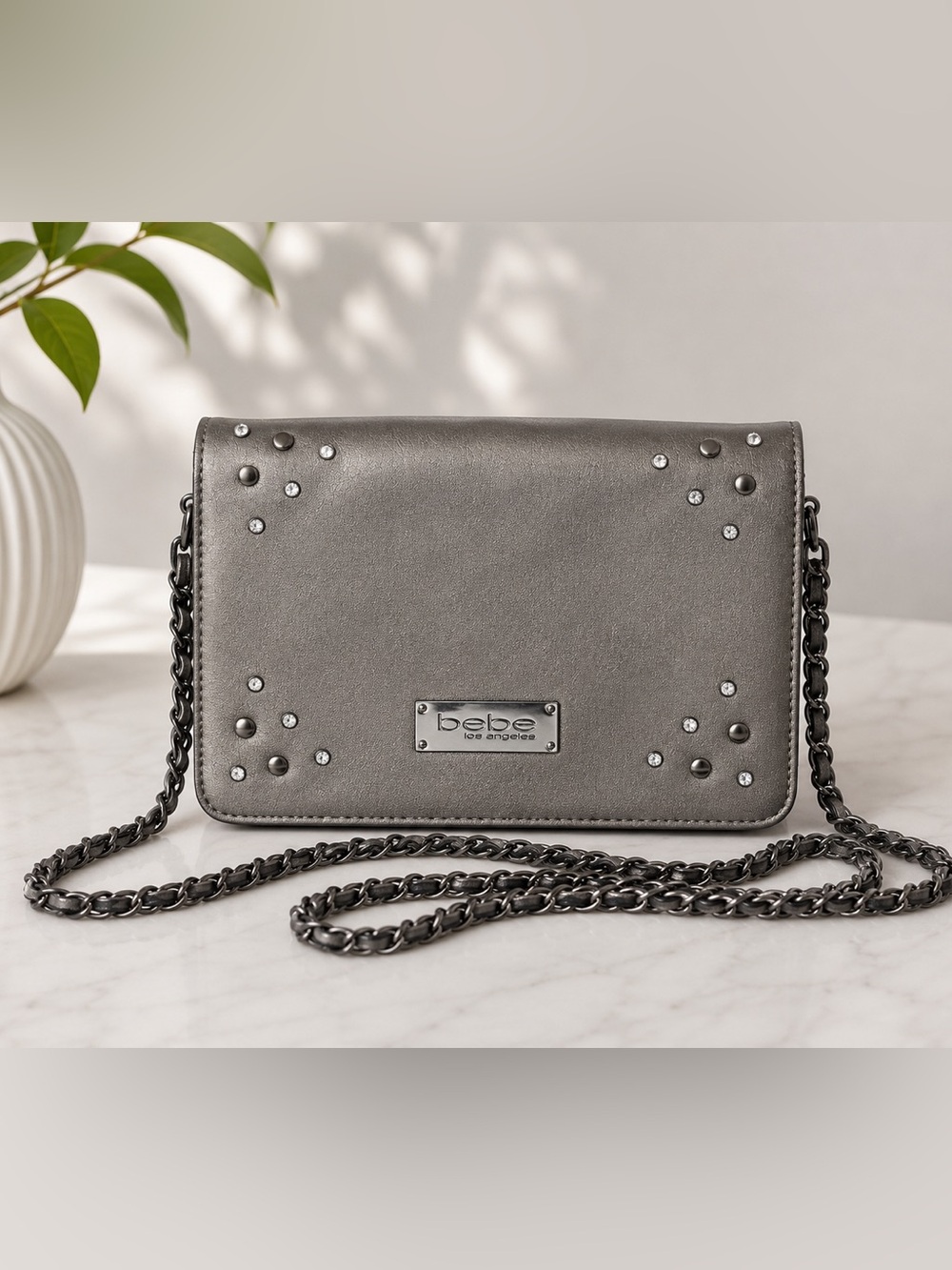 bebe Metallic Gunmetal Gray Studded Crossbody Bag